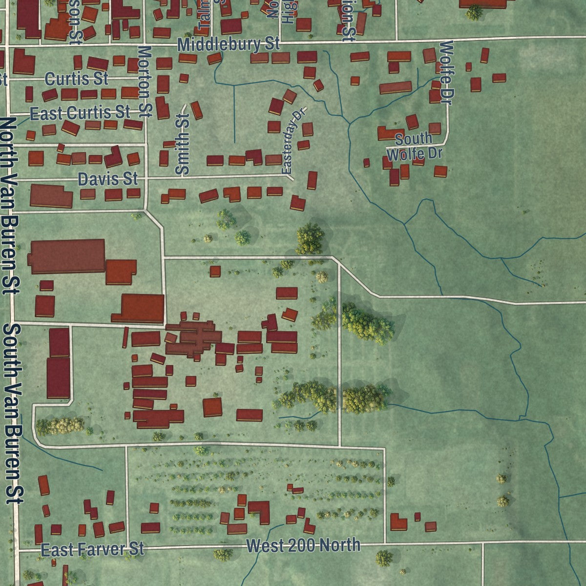 Close-up of the map of Shipshewana, Indiana print showing street and building detail