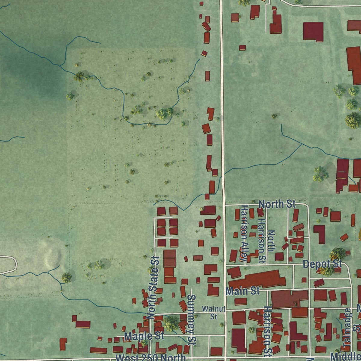 Second close-up of the map of Shipshewana, Indiana print showing more streets and buildings