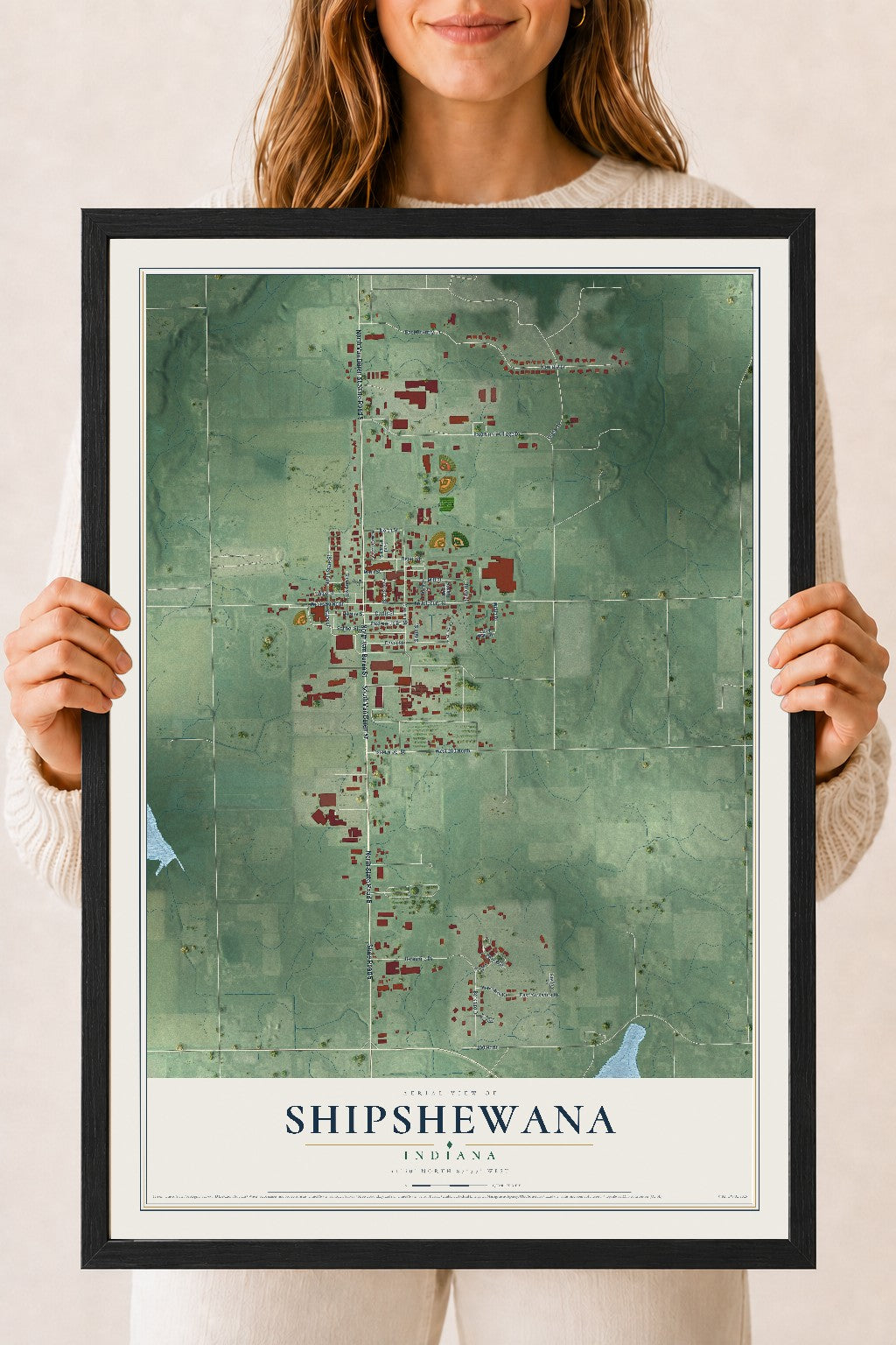 Map of Shipshewana, Indiana, 18 x 24 inch print in a black wood frame