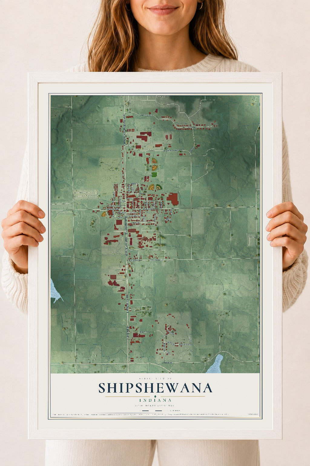 Map of Shipshewana, Indiana, 18 x 24 inch print in a white wood frame