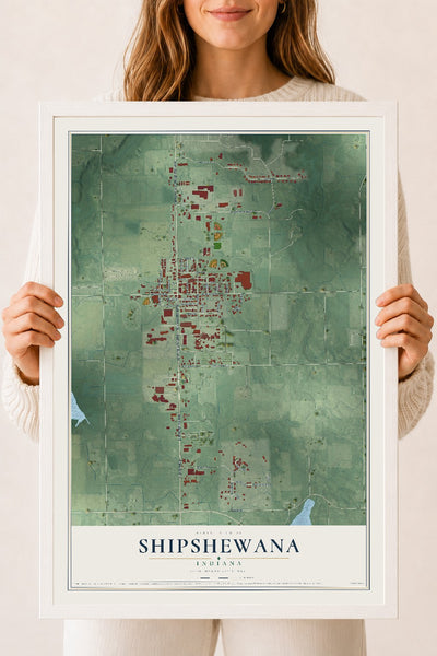 Map of Shipshewana, Indiana, 18 x 24 inch print in a white wood frame