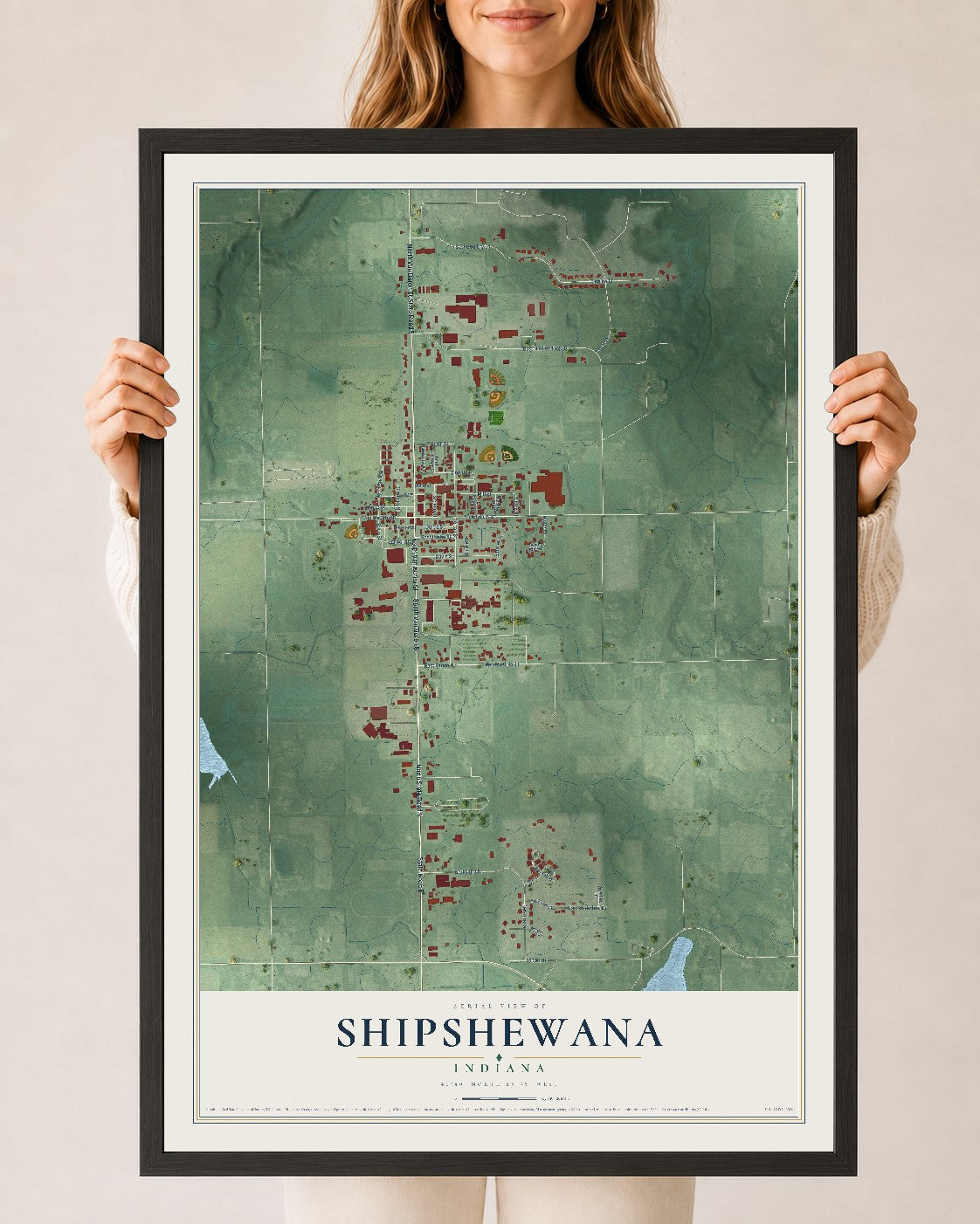 Map of Shipshewana, Indiana, 24 x 36 inch print in a black wood frame