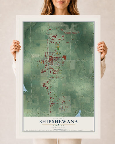 Map of Shipshewana, Indiana, 24 x 36 inch print in a white wood frame