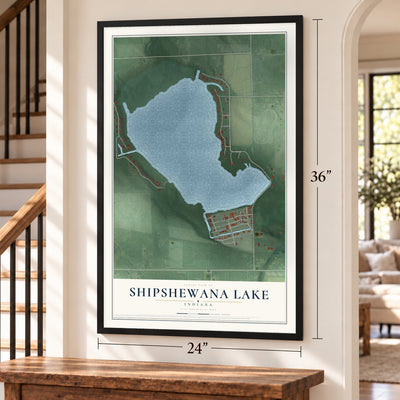 Shipshewana Lake, Indiana map, 24 x 36 inch print in a black frame by a staircase