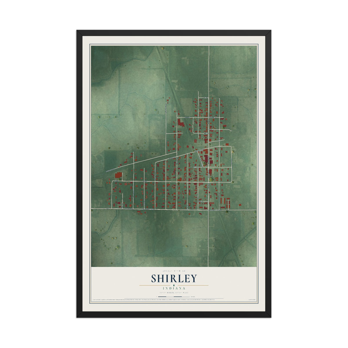 Map of Shirley, Indiana, 12 x 18 inch print in a black wood frame