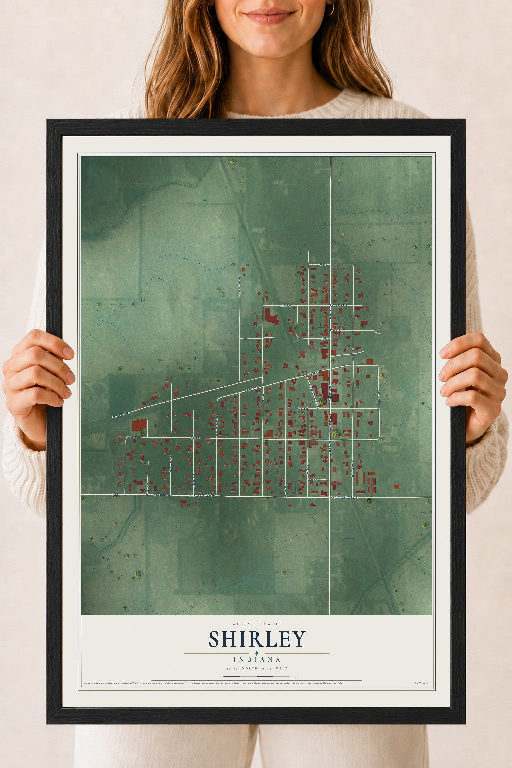 Map of Shirley, Indiana, 18 x 24 inch print in a black wood frame