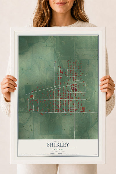 Map of Shirley, Indiana, 18 x 24 inch print in a white wood frame