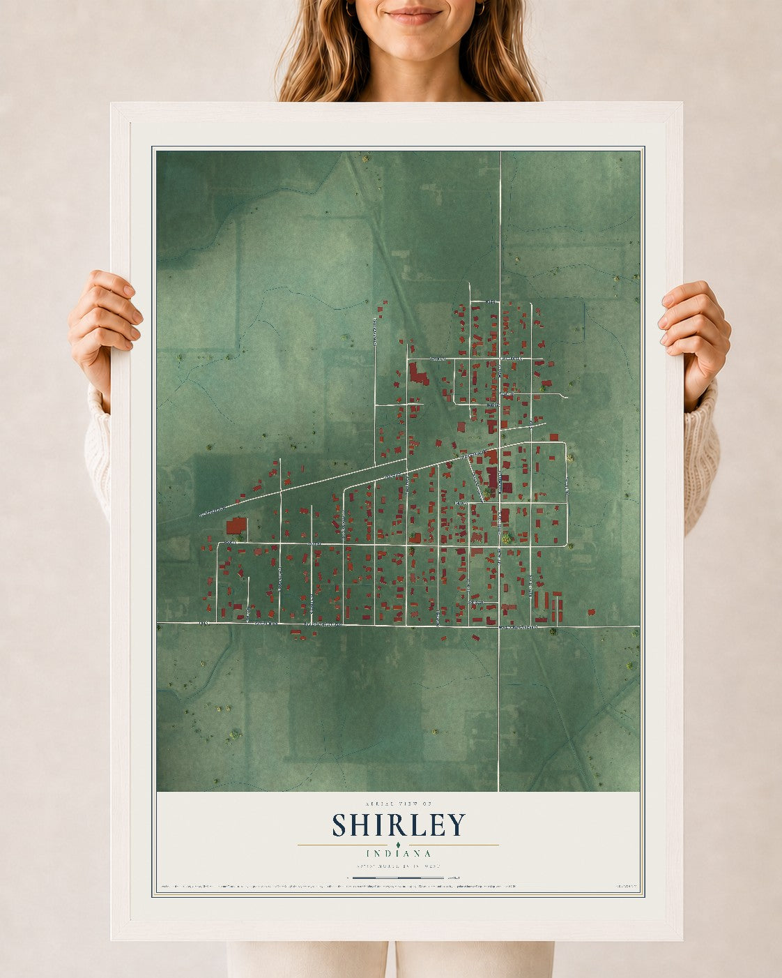 Map of Shirley, Indiana, 24 x 36 inch print in a white wood frame
