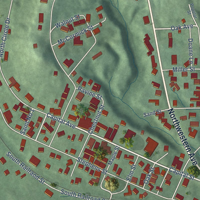 Second close-up of the map of Shoals, Indiana print showing more streets and buildings