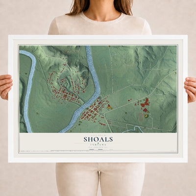 Map of Shoals, Indiana, 18 x 24 inch print in a white wood frame