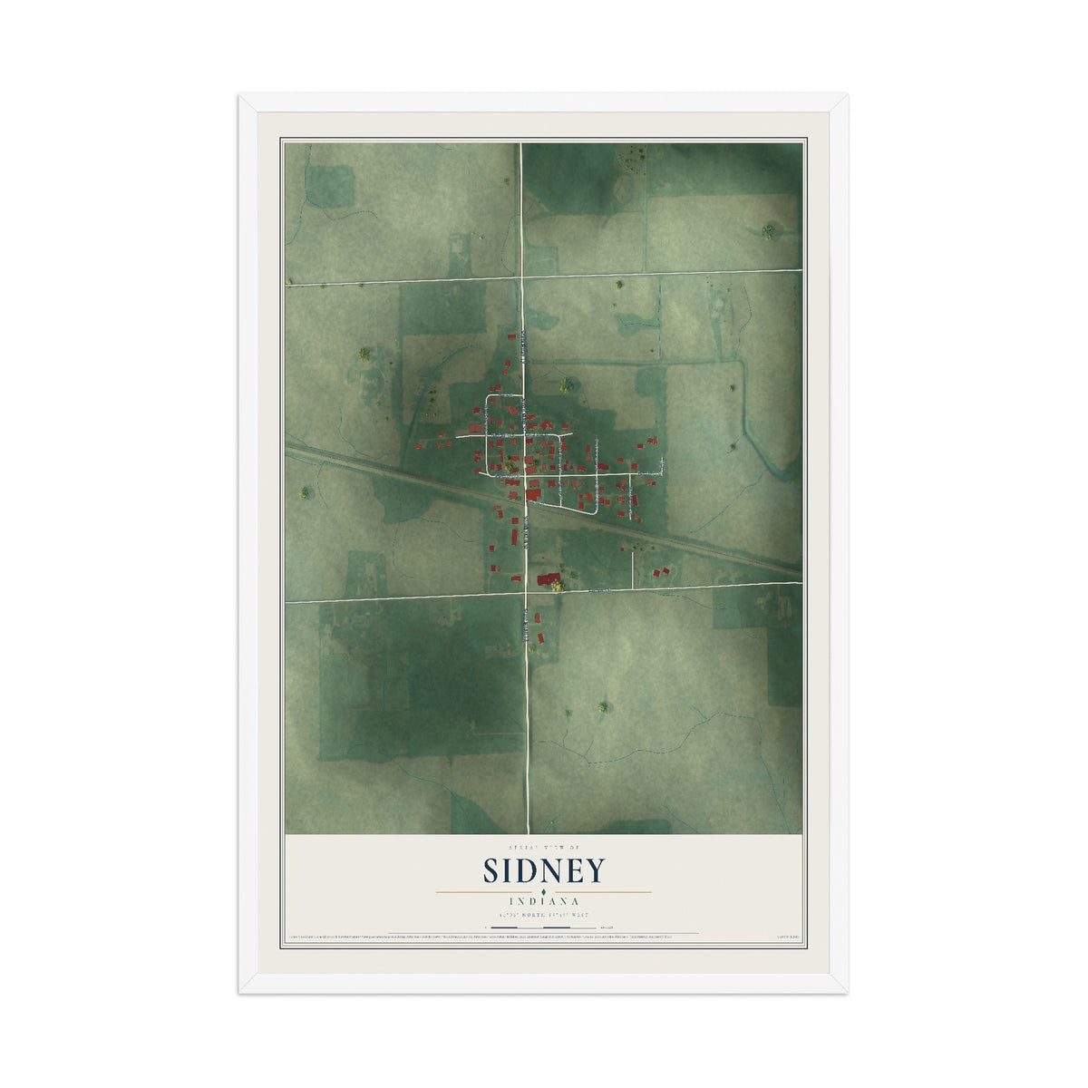 Map of Sidney, Indiana, 12 x 18 inch print in a white wood frame