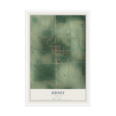 Map of Sidney, Indiana, 12 x 18 inch print in a white wood frame