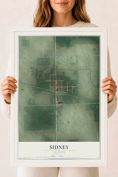 Map of Sidney, Indiana, 18 x 24 inch print in a white wood frame