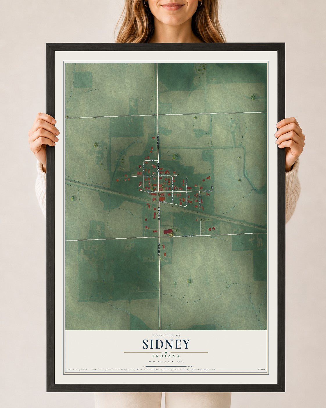 Map of Sidney, Indiana, 24 x 36 inch print in a black wood frame
