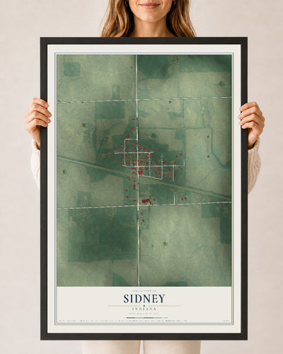 Map of Sidney, Indiana, 24 x 36 inch print in a black wood frame