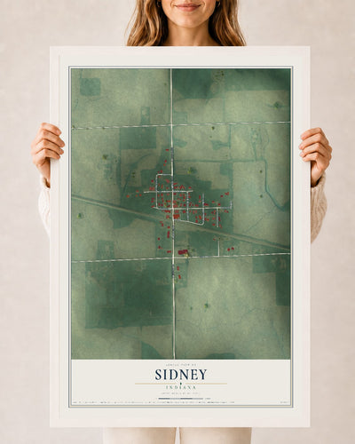 Map of Sidney, Indiana, 24 x 36 inch print in a white wood frame