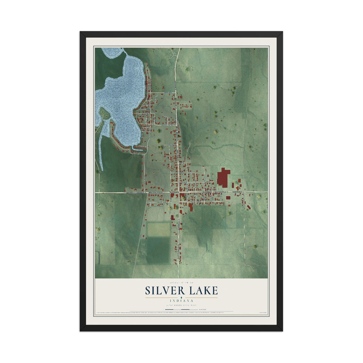Map of Silver Lake, Indiana, 12 x 18 inch print in a black wood frame
