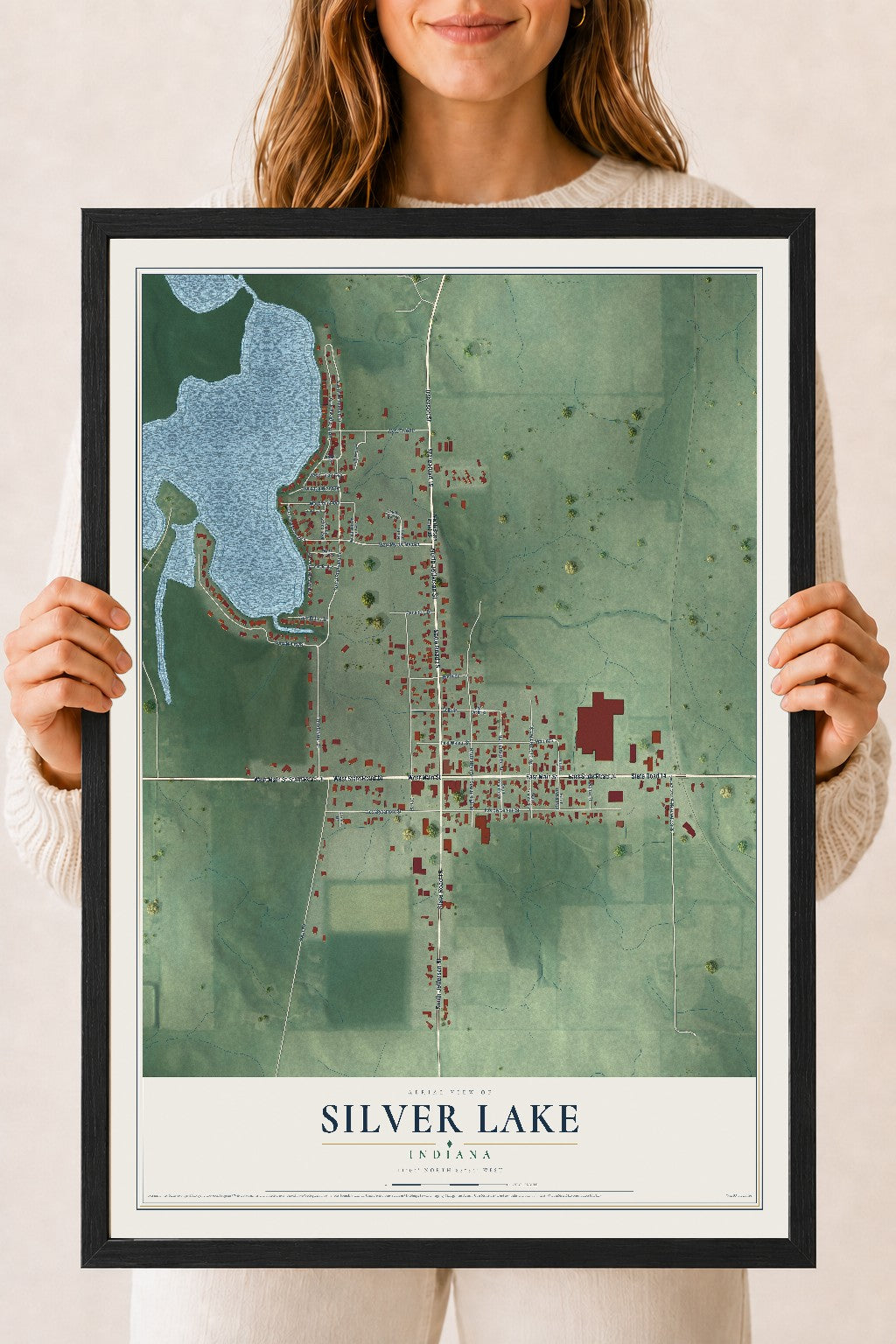 Map of Silver Lake, Indiana, 18 x 24 inch print in a black wood frame