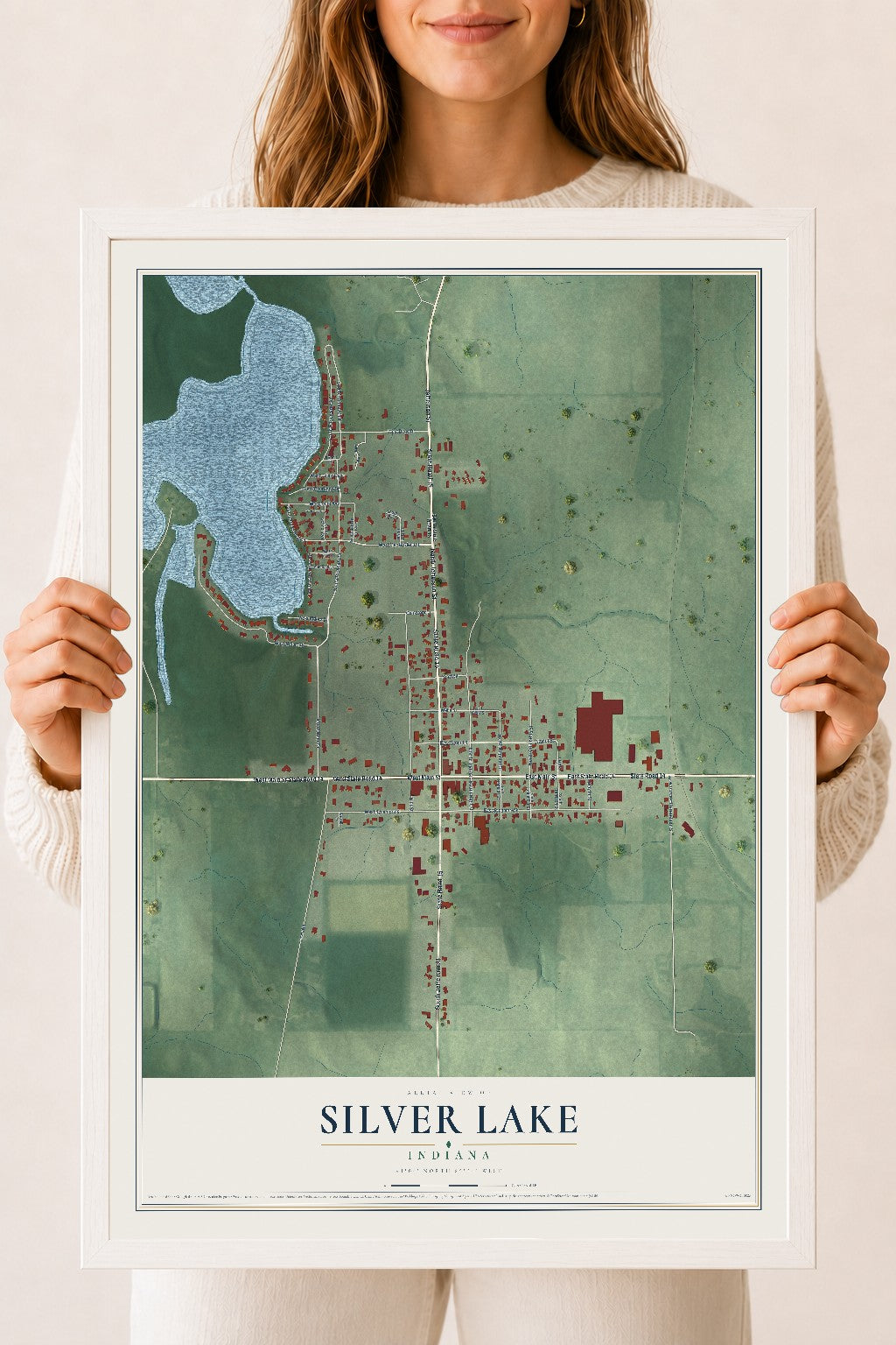 Map of Silver Lake, Indiana, 18 x 24 inch print in a white wood frame