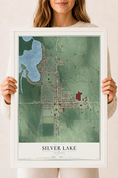 Map of Silver Lake, Indiana, 18 x 24 inch print in a white wood frame