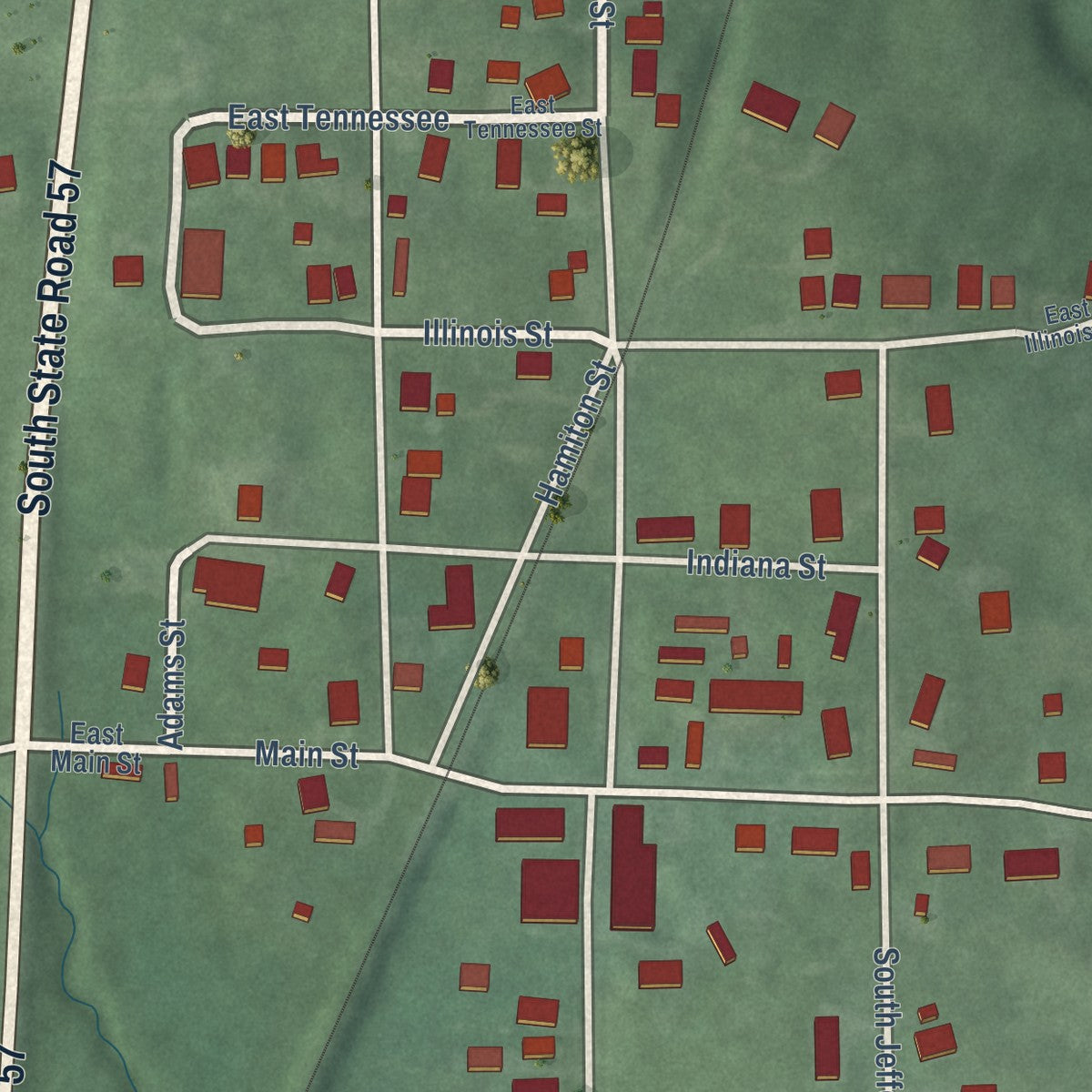 Close-up of the map of Somerville, Indiana print showing street and building detail