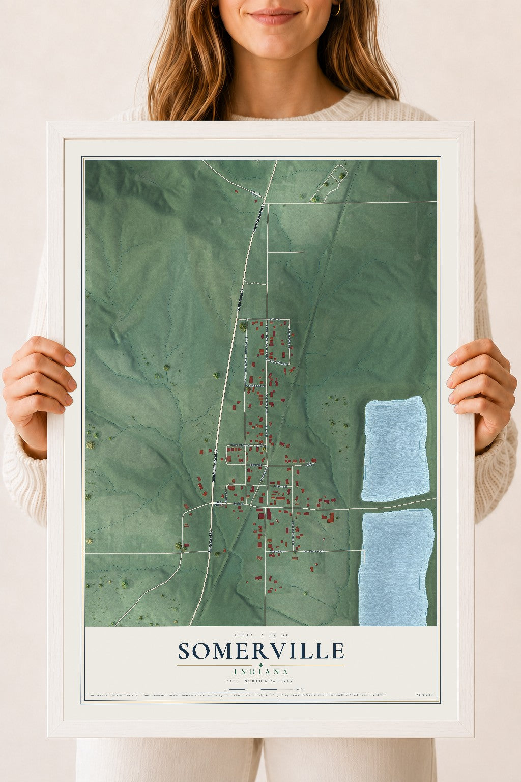 Map of Somerville, Indiana, 18 x 24 inch print in a white wood frame
