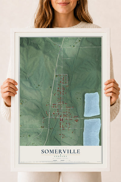 Map of Somerville, Indiana, 18 x 24 inch print in a white wood frame