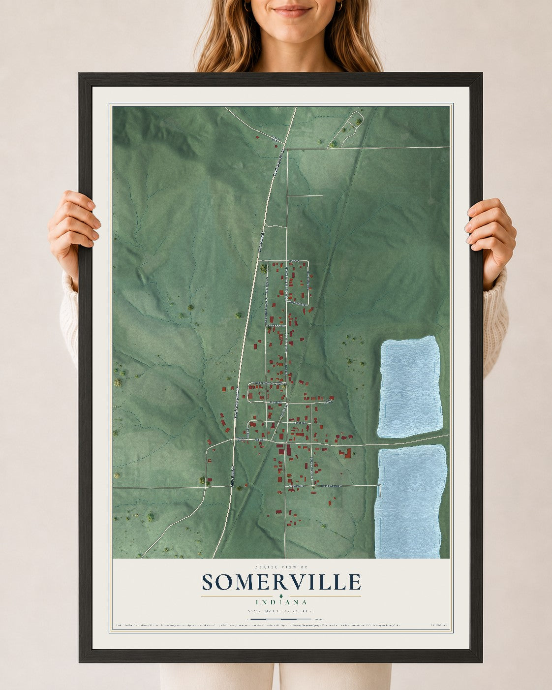 Map of Somerville, Indiana, 24 x 36 inch print in a black wood frame