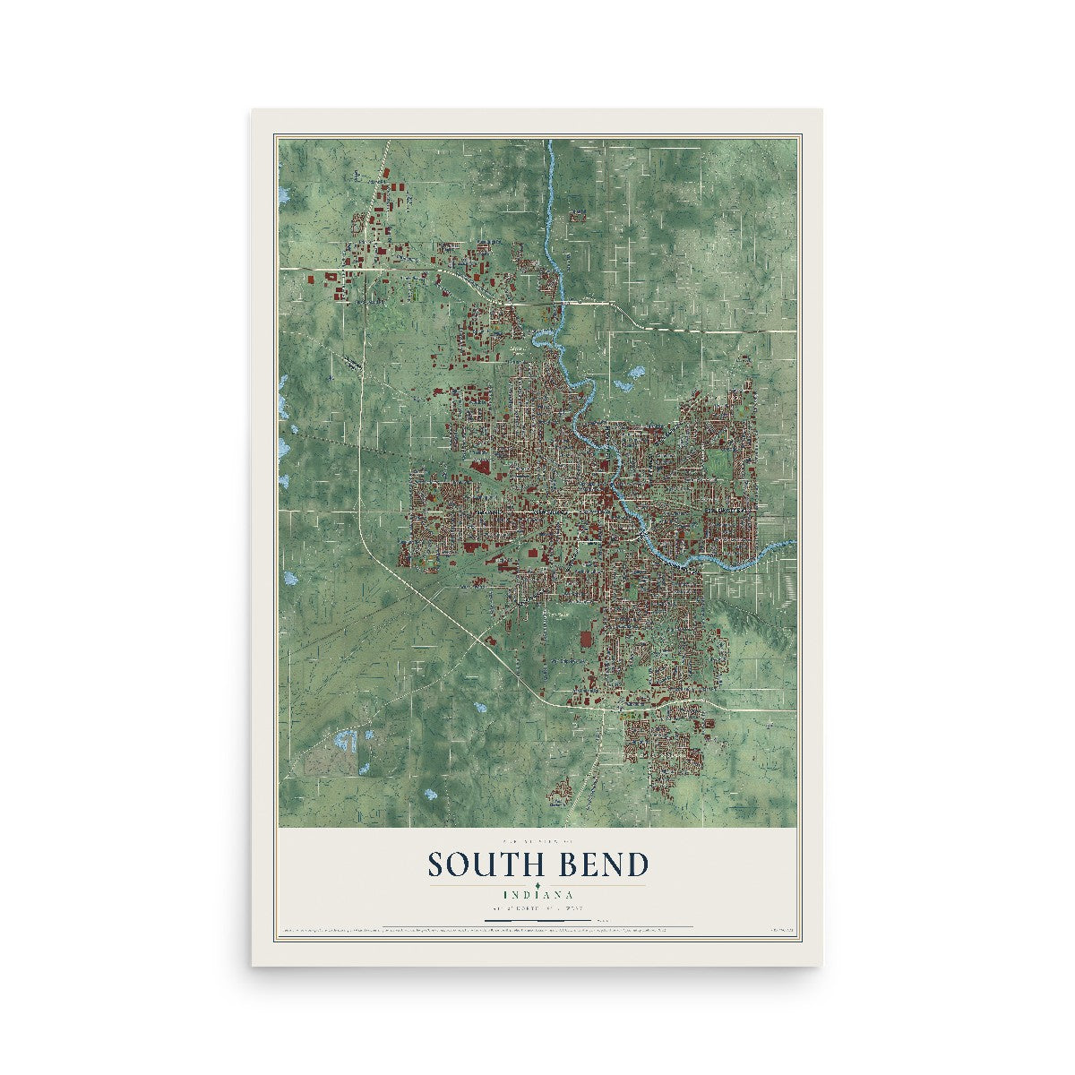Map of South Bend, Indiana, 12 x 18 inch unframed archival matte print