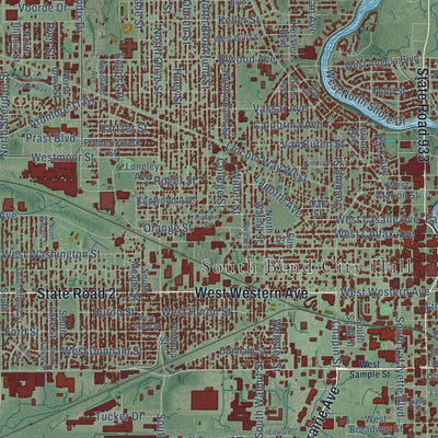 Close-up of the map of South Bend, Indiana print showing street and building detail