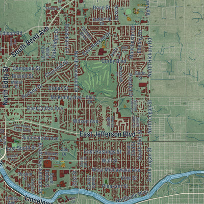 Second close-up of the map of South Bend, Indiana print showing more streets and buildings