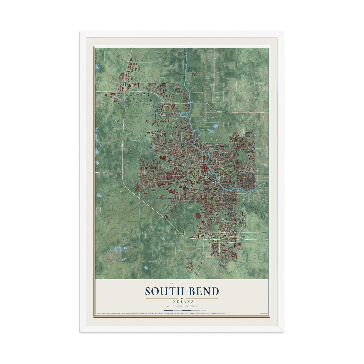 Map of South Bend, Indiana, 12 x 18 inch print in a white wood frame