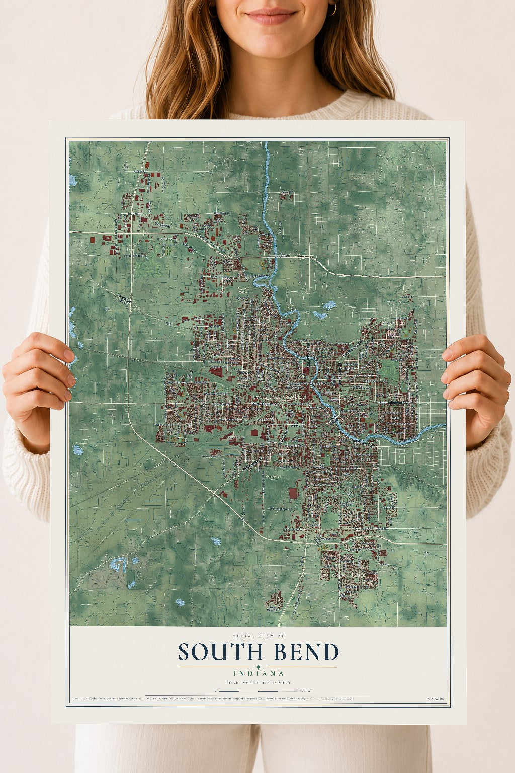 Map of South Bend, Indiana, 18 x 24 inch unframed archival matte print