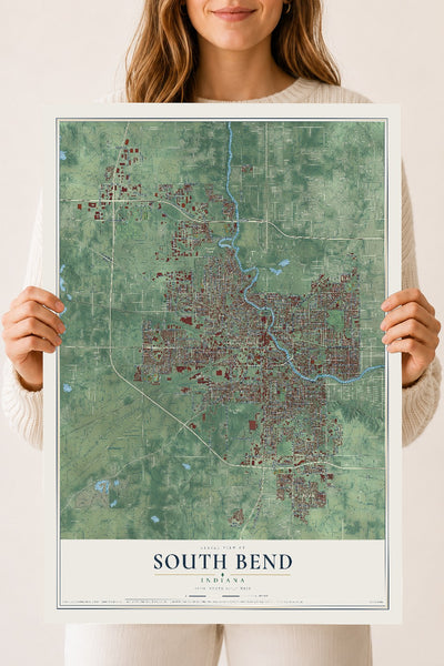 Map of South Bend, Indiana, 18 x 24 inch unframed archival matte print