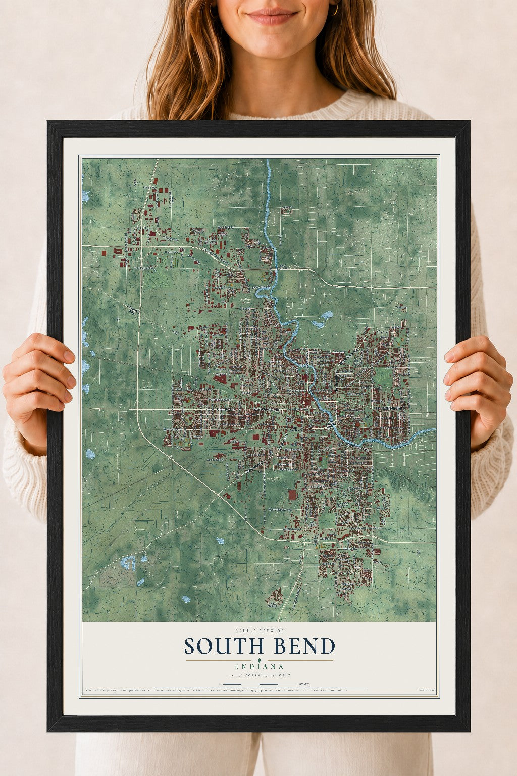 Map of South Bend, Indiana, 18 x 24 inch print in a black wood frame
