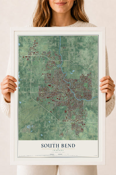 Map of South Bend, Indiana, 18 x 24 inch print in a white wood frame