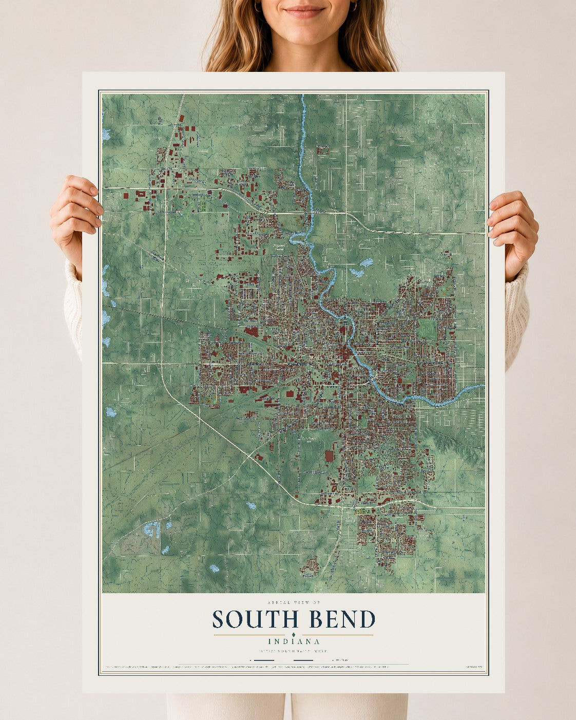 Map of South Bend, Indiana, 24 x 36 inch unframed archival matte print