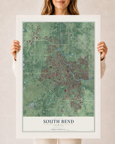 Map of South Bend, Indiana, 24 x 36 inch print in a white wood frame