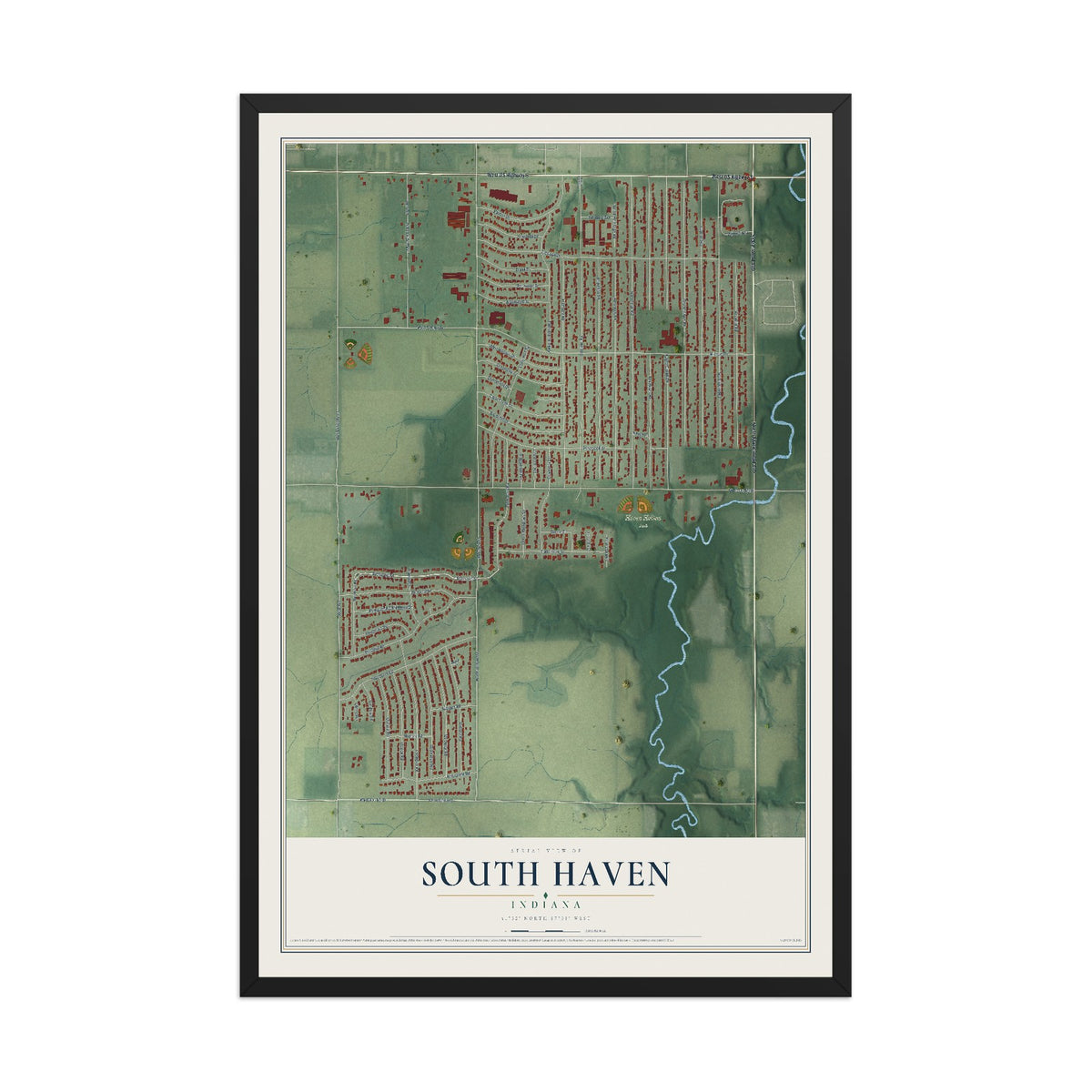 Map of South Haven, Indiana, 12 x 18 inch print in a black wood frame