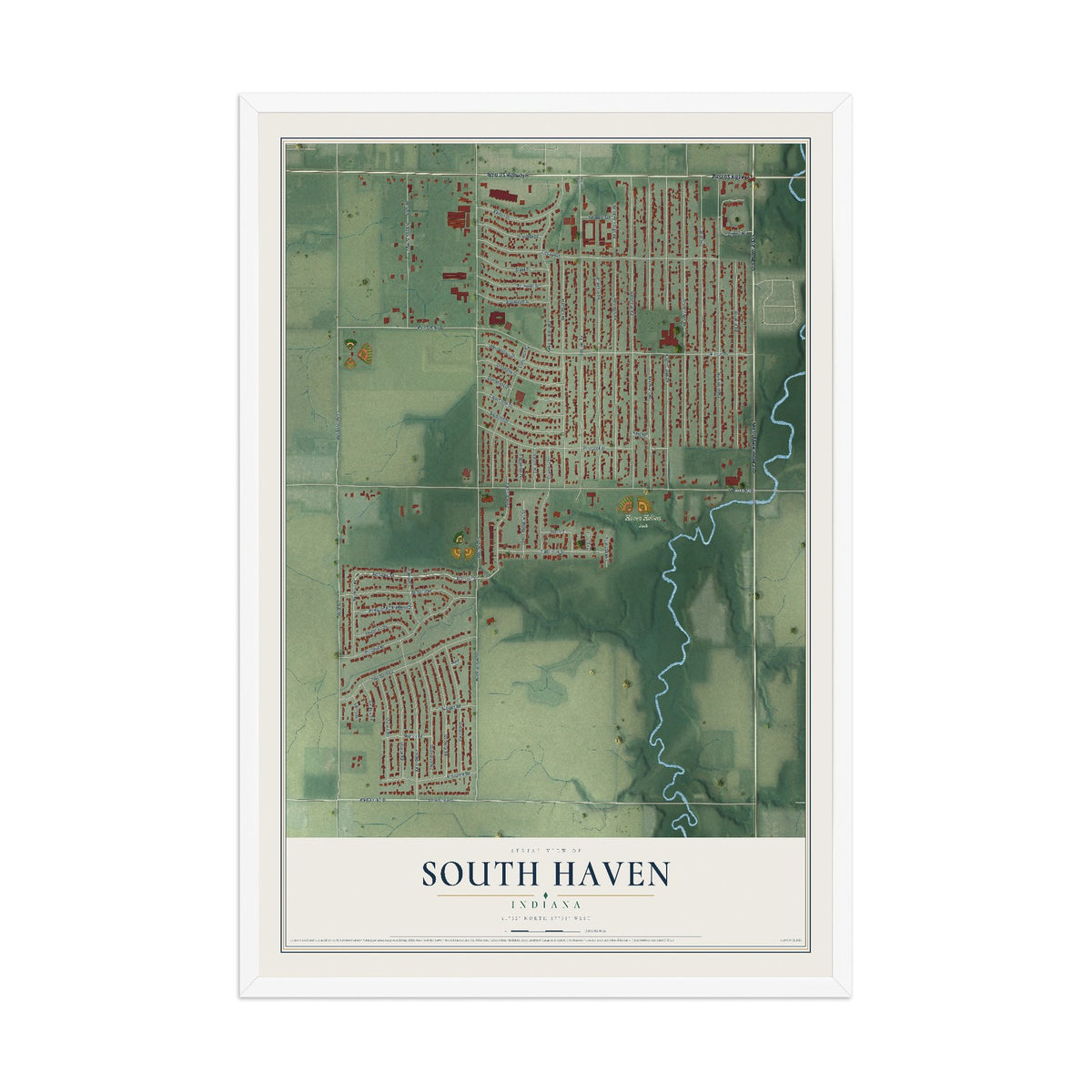 Map of South Haven, Indiana, 12 x 18 inch print in a white wood frame