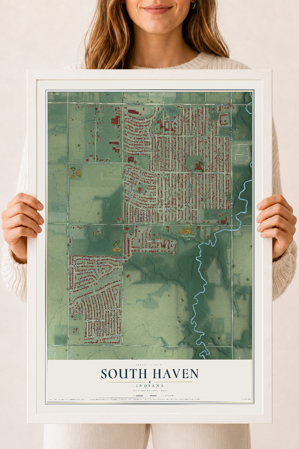 Map of South Haven, Indiana, 18 x 24 inch print in a white wood frame