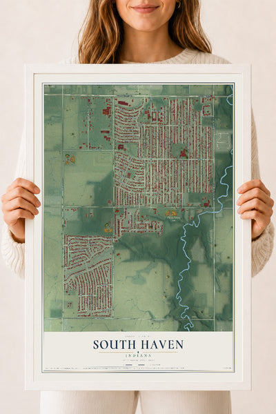Map of South Haven, Indiana, 18 x 24 inch print in a white wood frame