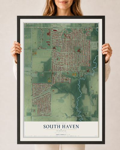 Map of South Haven, Indiana, 24 x 36 inch print in a black wood frame
