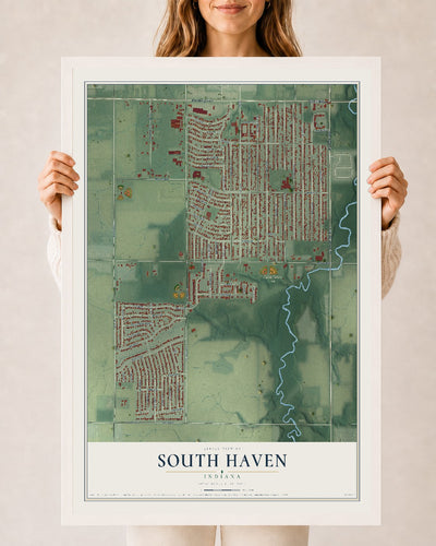 Map of South Haven, Indiana, 24 x 36 inch print in a white wood frame