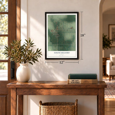 South Milford, Indiana map, 12 x 18 inch print in a black frame in an entryway