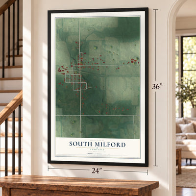 South Milford, Indiana map, 24 x 36 inch print in a black frame by a staircase
