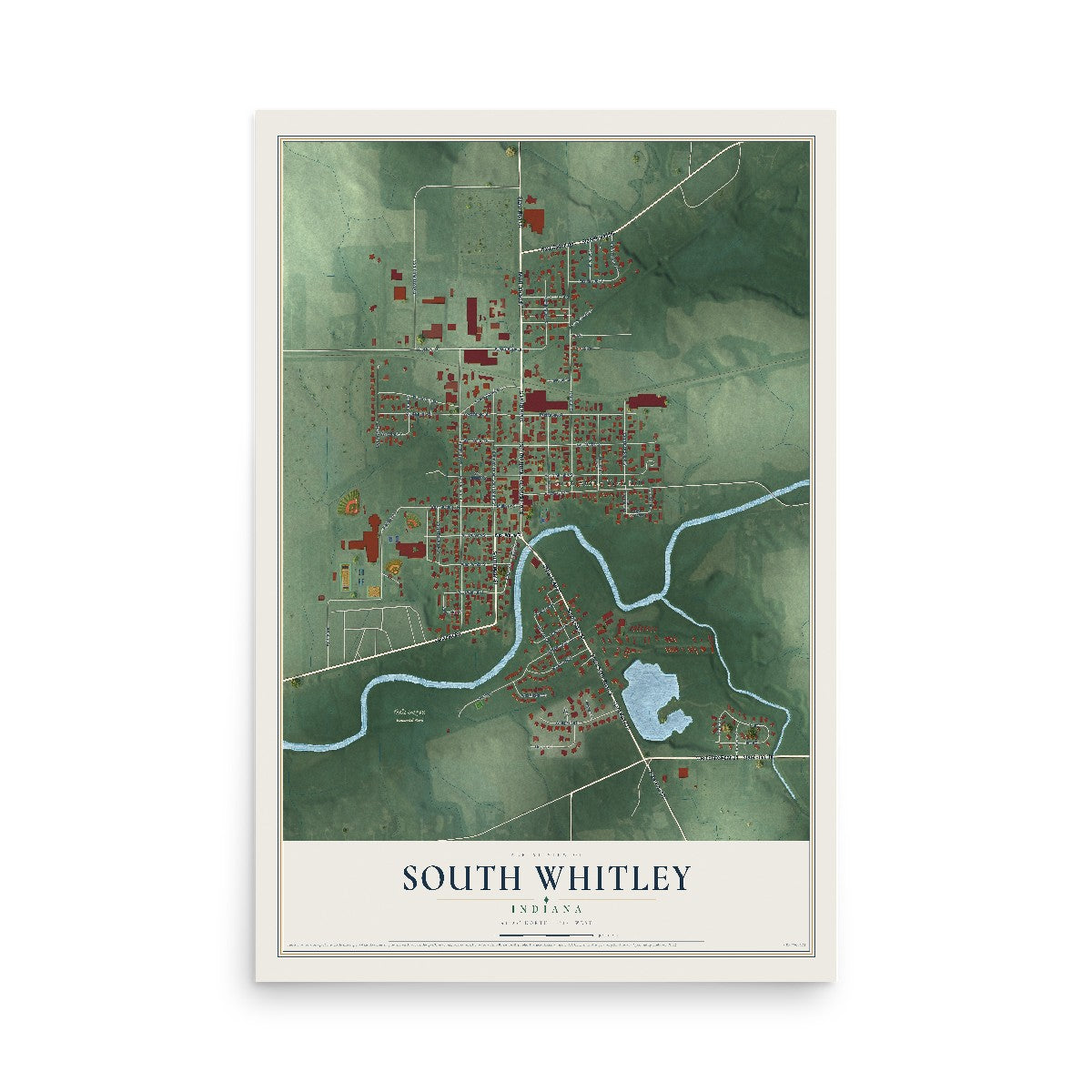 Map of South Whitley, Indiana, 12 x 18 inch unframed archival matte print