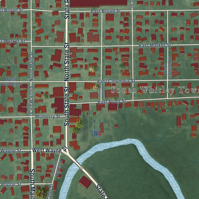 Close-up of the map of South Whitley, Indiana print showing street and building detail