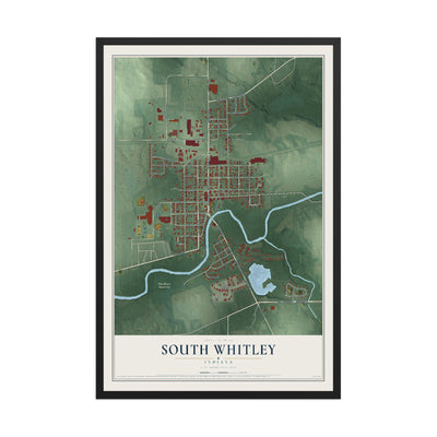 Map of South Whitley, Indiana, 12 x 18 inch print in a black wood frame