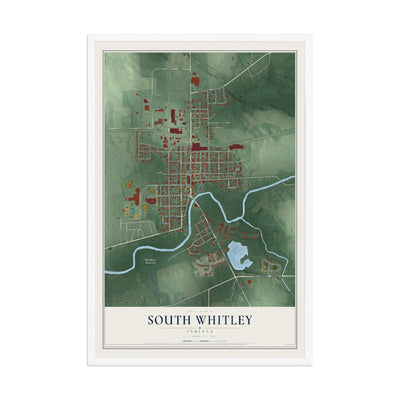 Map of South Whitley, Indiana, 12 x 18 inch print in a white wood frame